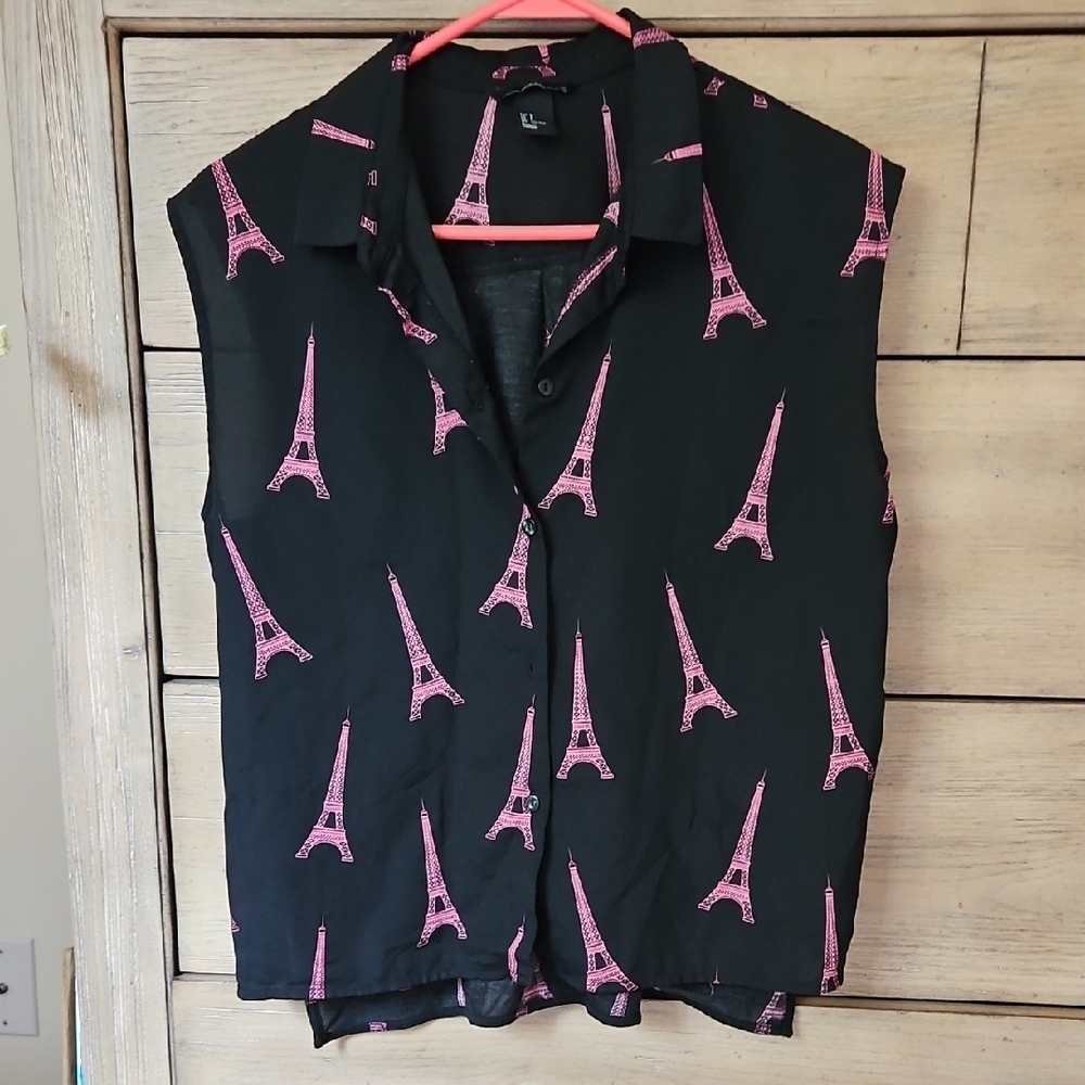 Black Sleeveless Top with Pink Eiffel Tower Print